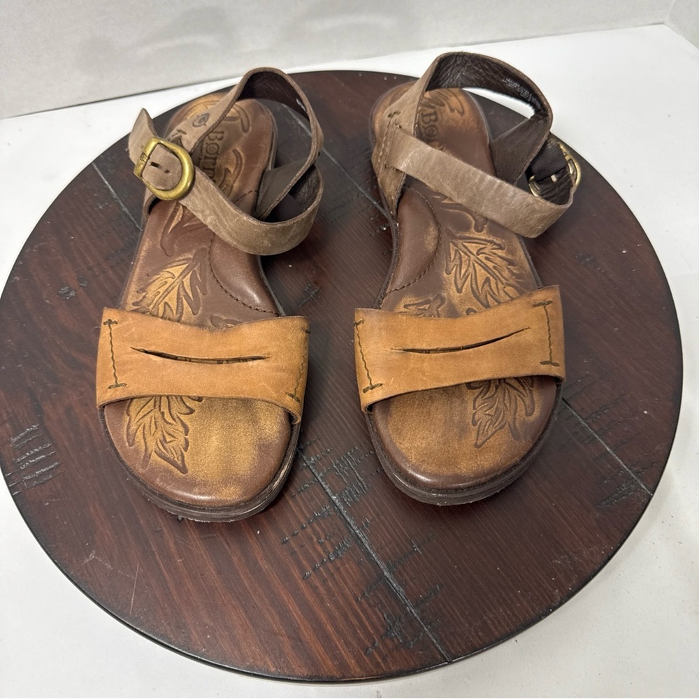 Womens BORN ‘Ebb’ Camel Tan Brown Leather Ankle Strap Sandals US Size 6M / 36.5